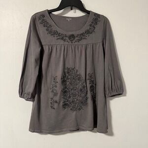 Garnet Hill Gray Embroidered 3/4 Sleeve Tunic Top Women's Size S Boho Peasant